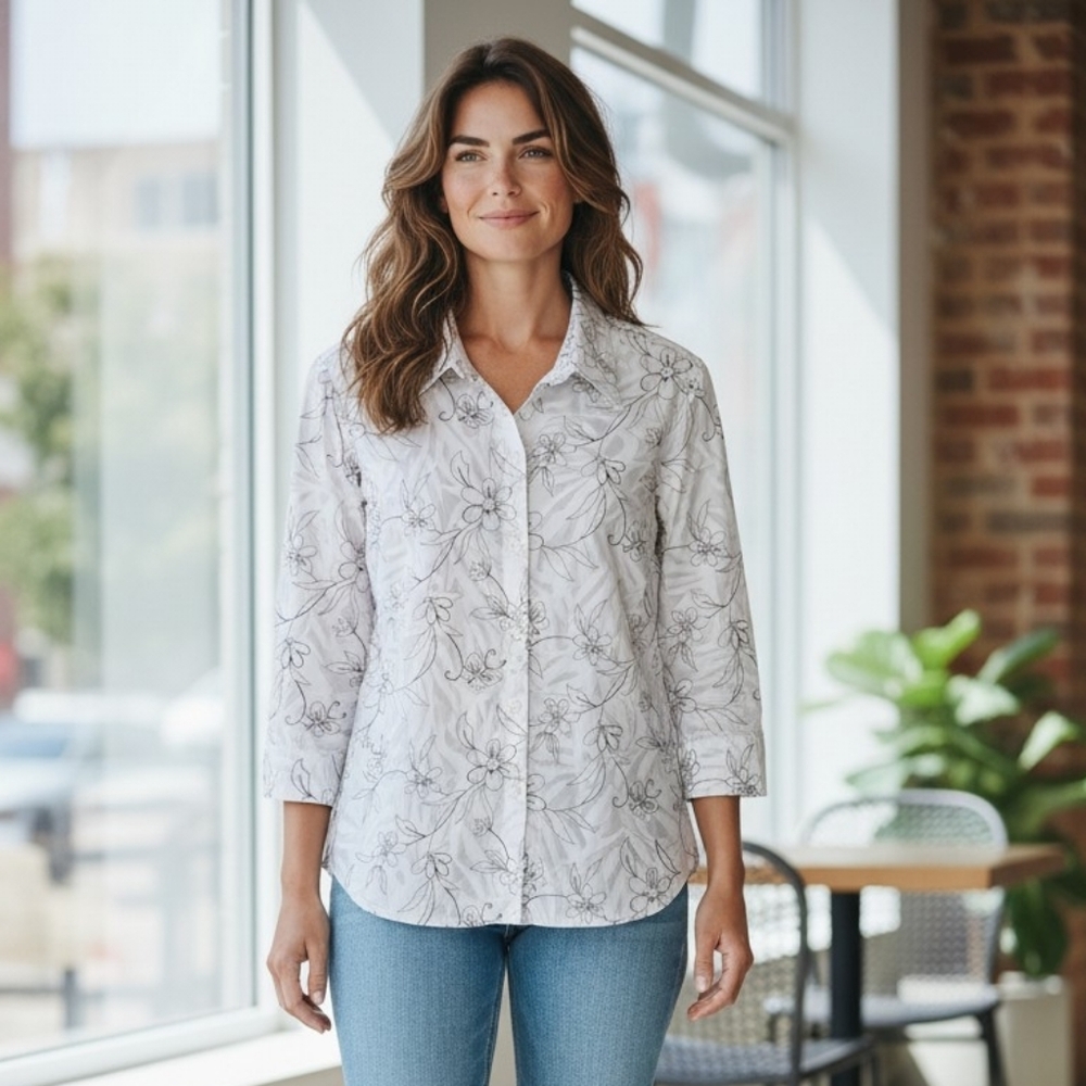Alfred Dunner Cotton Blend White Shirt with Gray Floral Print